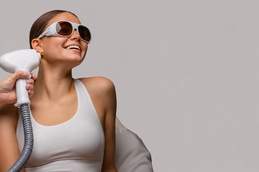 a woman receiving a laser hair removal treatment on her face at Glow Luxe in Victoria BC
