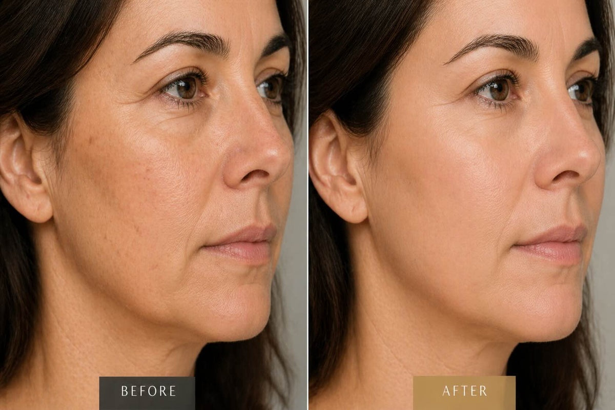 a before and after image of a woman's face that has had RF and IPL