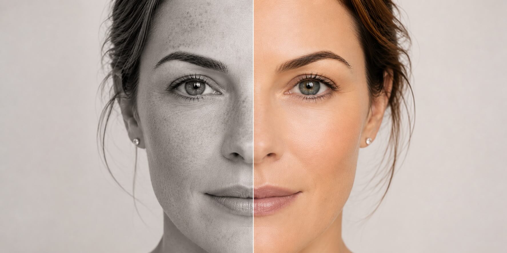 a woman with sun damage on one side of her face and clear skin on the other side