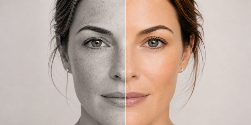 a woman with sun damage on one side of her face and clear skin on the other side
