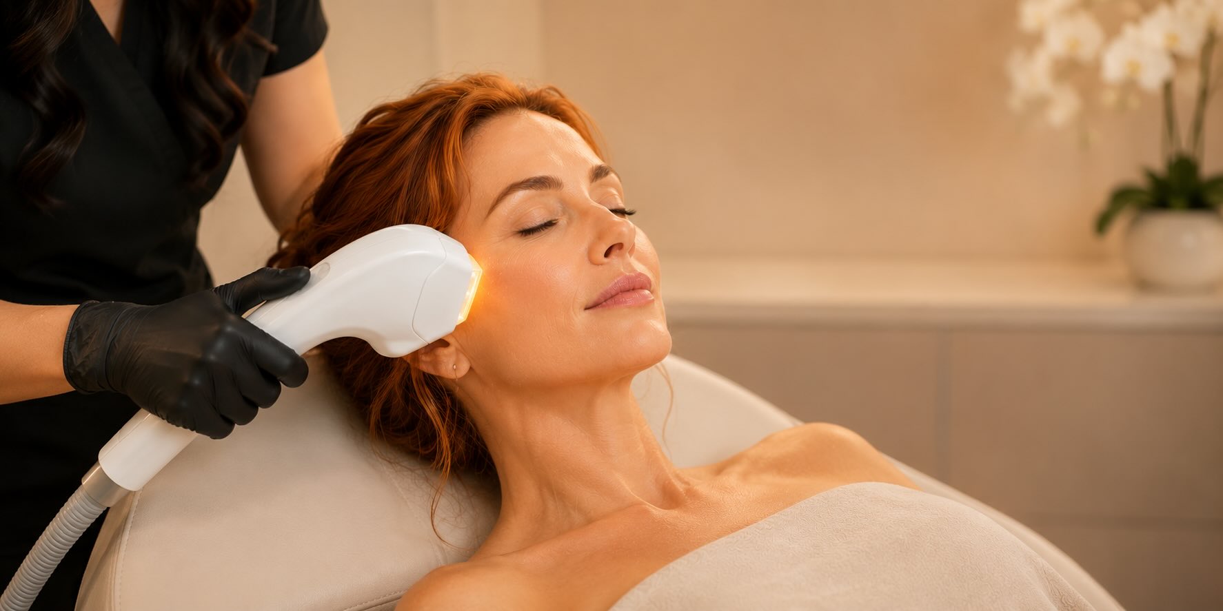 A woman having an IPL treatment for sun damage and redness in Victoria BC