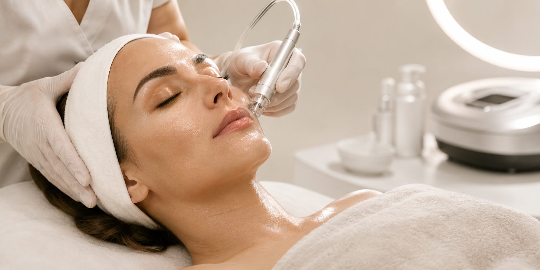 A woman lies on a treatment bed while a skincare professional in white gloves applies a facial treatment device to her forehead. The setting is a bright, clean beauty clinic with treatment bottles and a circular light visible in the background.