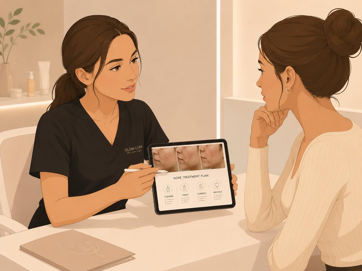 an aesthetician is providing a consultation for acne treatment