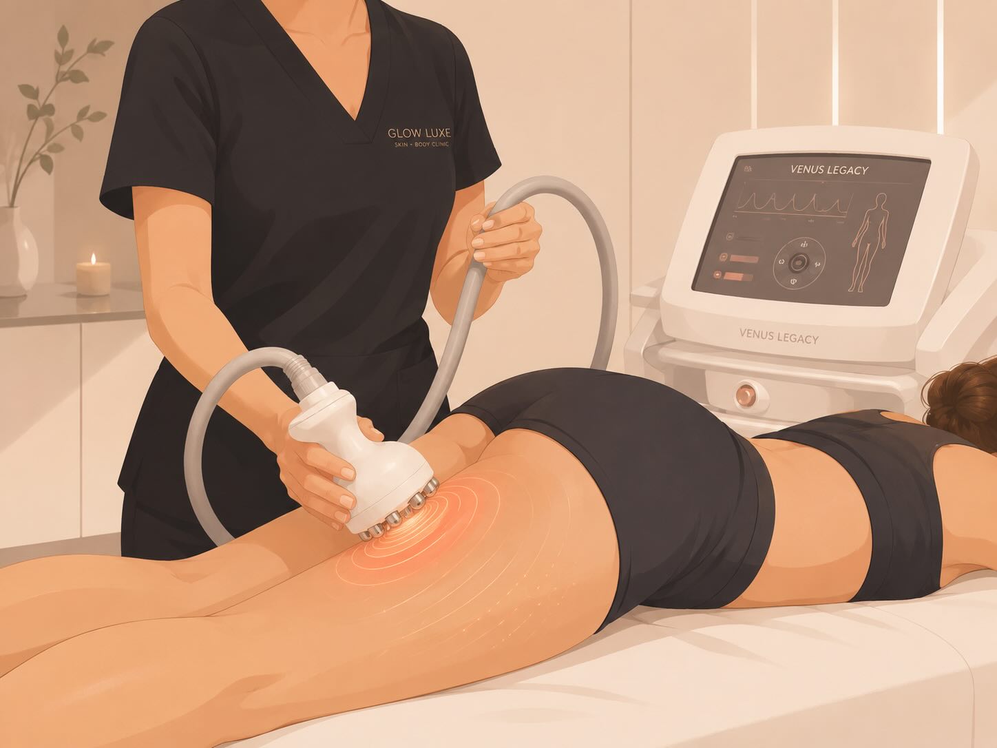 a woman having the back of her thigh treated for cellulite reduction