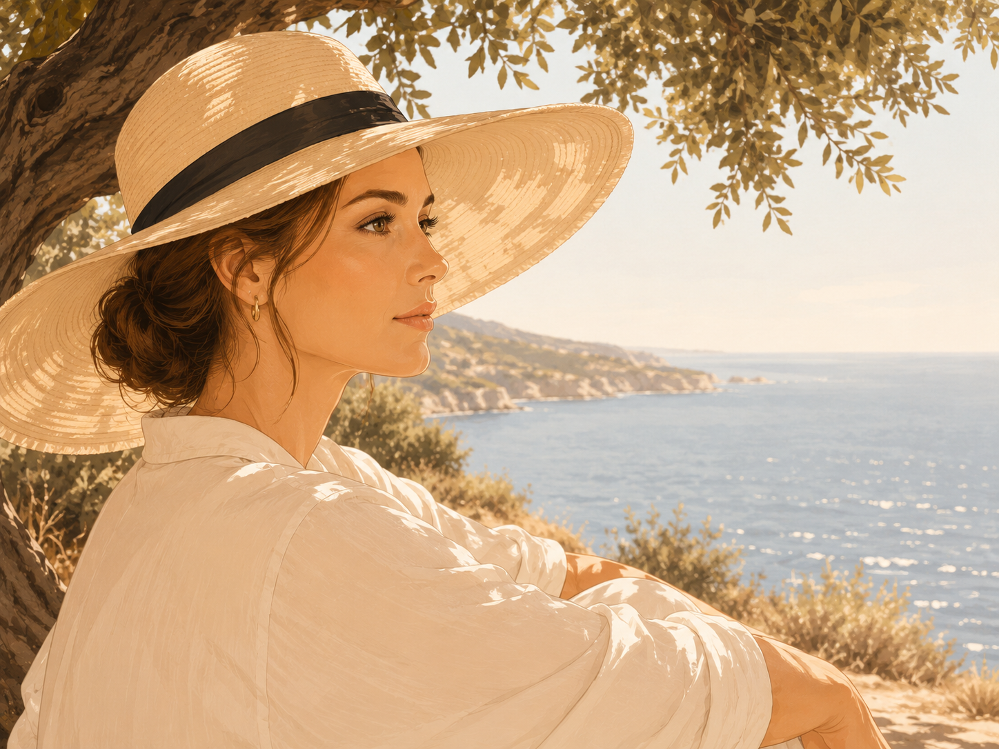 A woman sitting outside with a large hat to protect her skin from sun damage