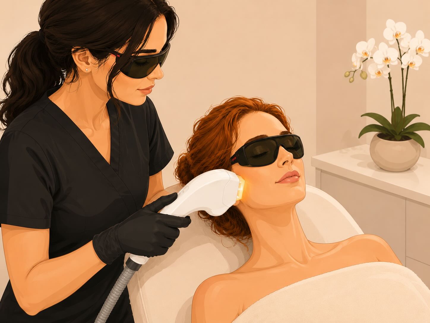 an aesthetician treating age spots and sun damage using an IPL device on a client