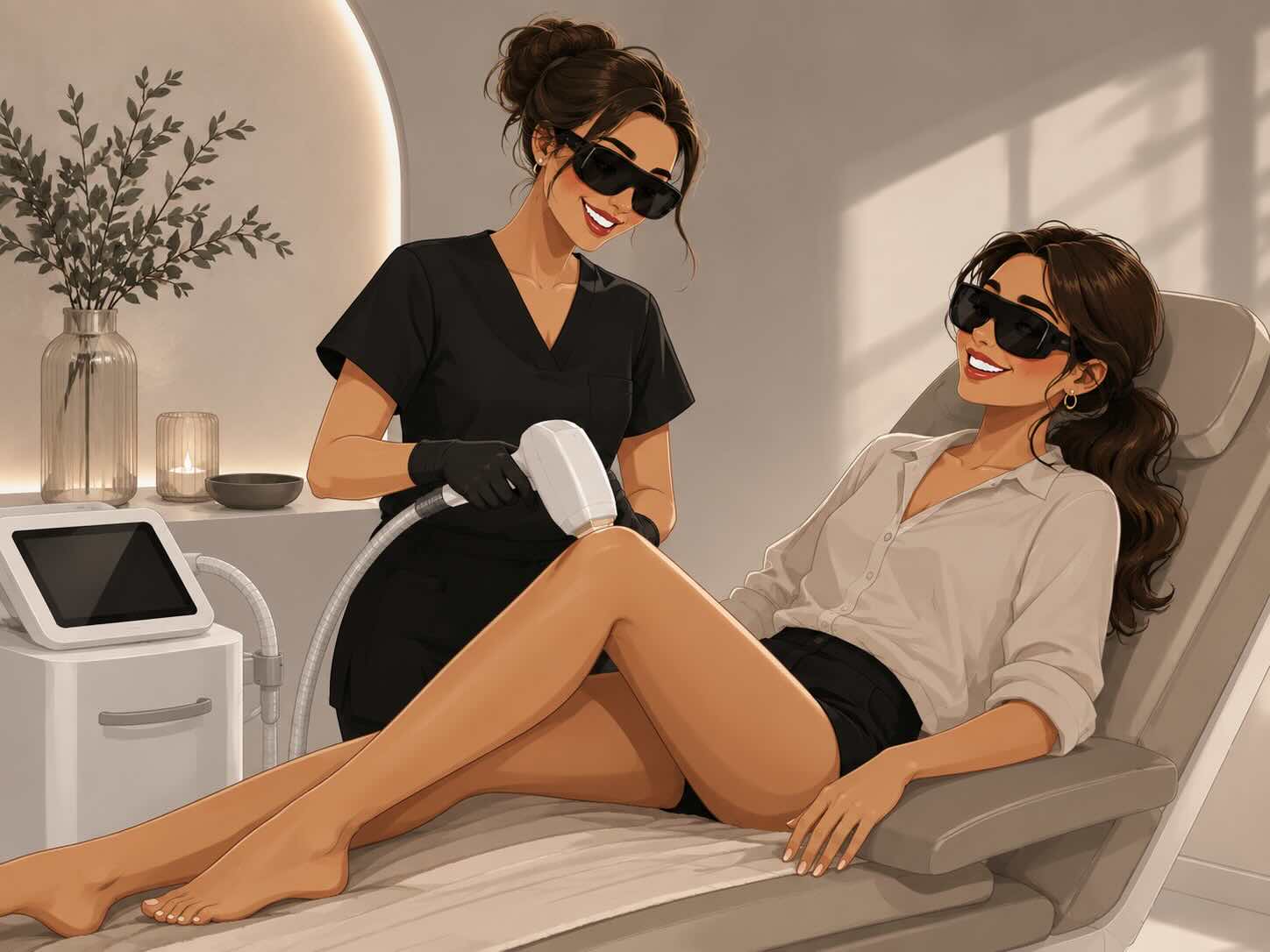 an animated woman is receiving a laser hair removal treatment at glow luxe