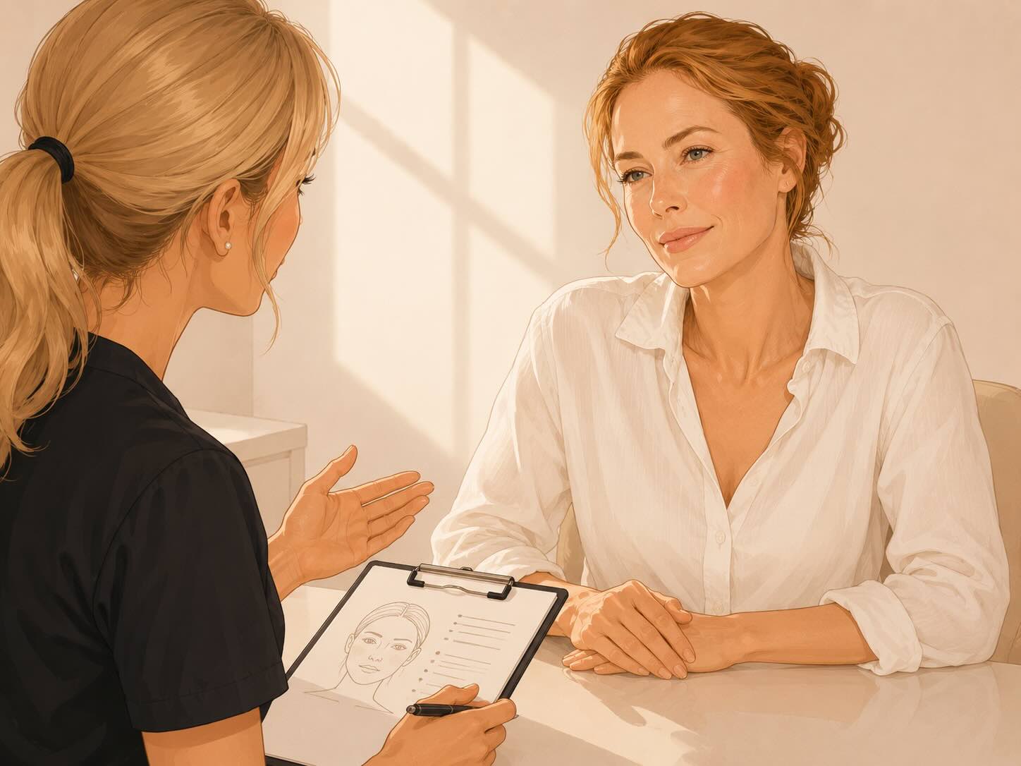 A woman receiving a rosacea consultation at Glow Luxe in Victoria BC
