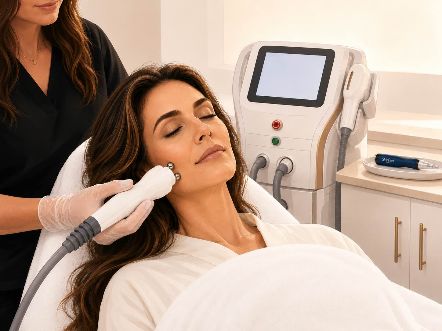 A woman receives a facial treatment while a provider in black scrubs holds a handheld device against her cheek. A white treatment machine with a screen and additional controls stands behind her in a bright clinical room.